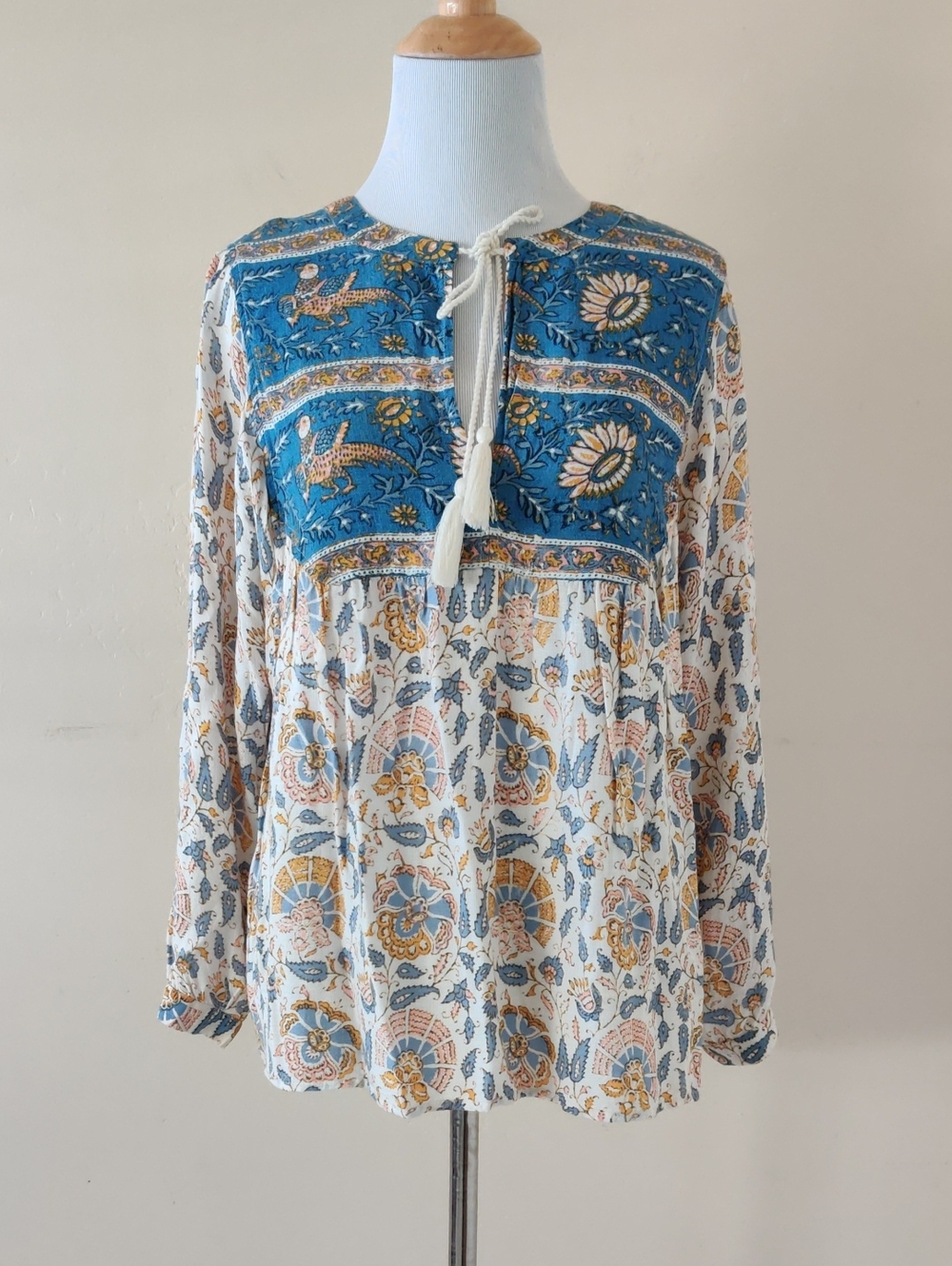 Lucky Brand Boho Floral Tie-Front Peasant Top - Blue & Cream